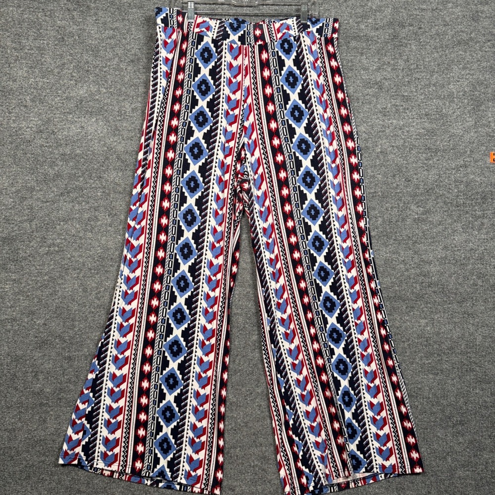 Cato Womens Plus Sz 18/20W Palazzo Pull On Pants Blue Geometric Rayon Blend Boho